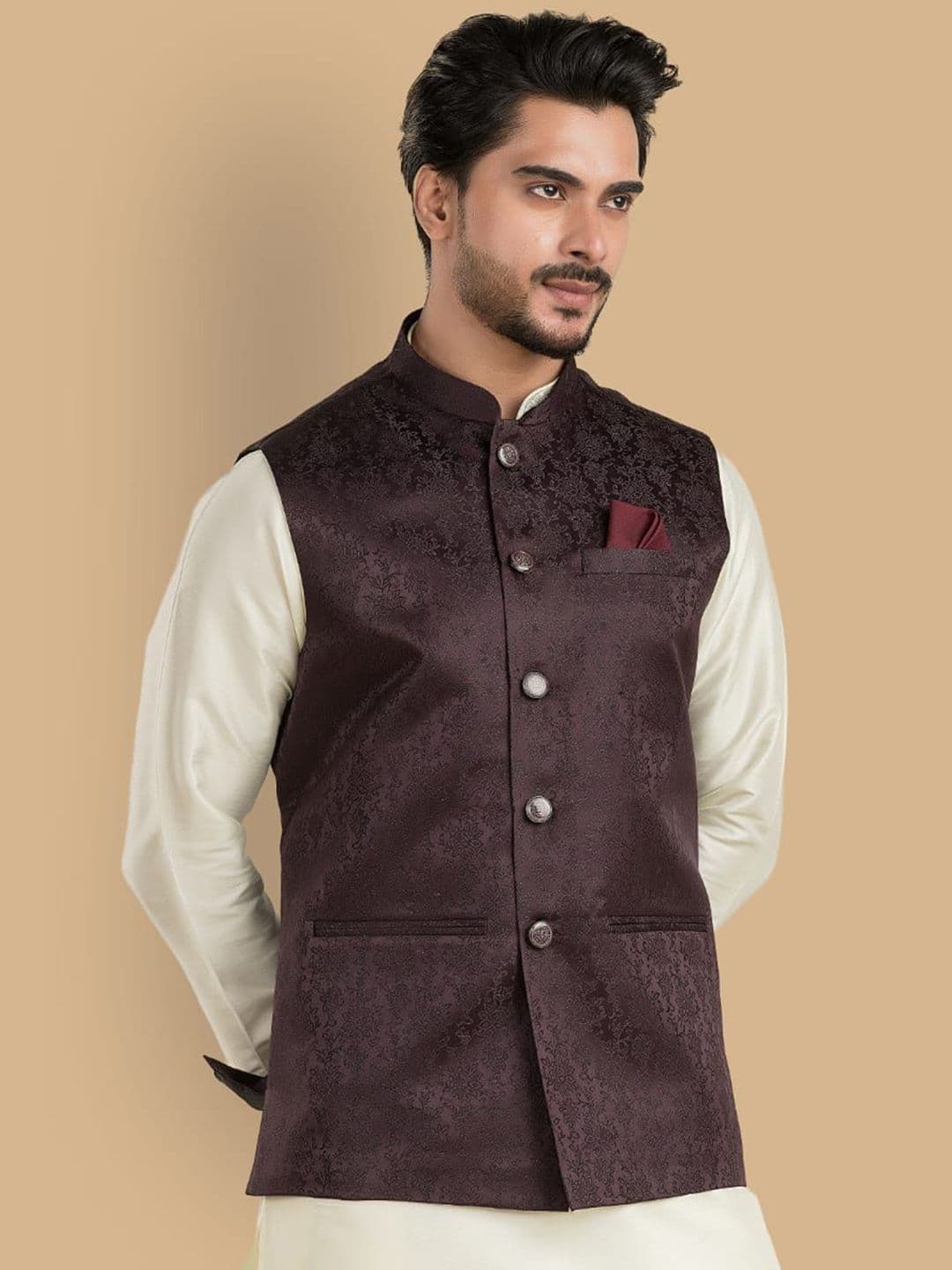TRENDS OF ETHNIC Men Self Design Mandarin-Neck Nehru Jacket - view 1