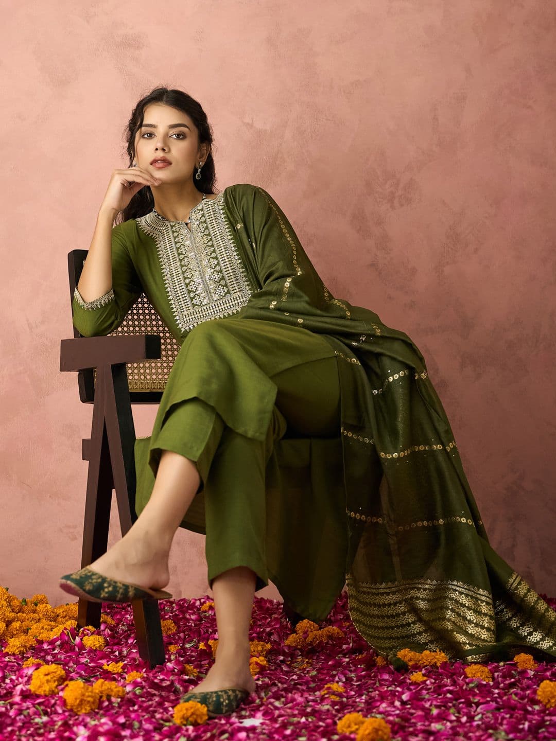 KALINI Ethnic Motifs Embroidered Straight Kurta With Trousers & Dupatta - view 1