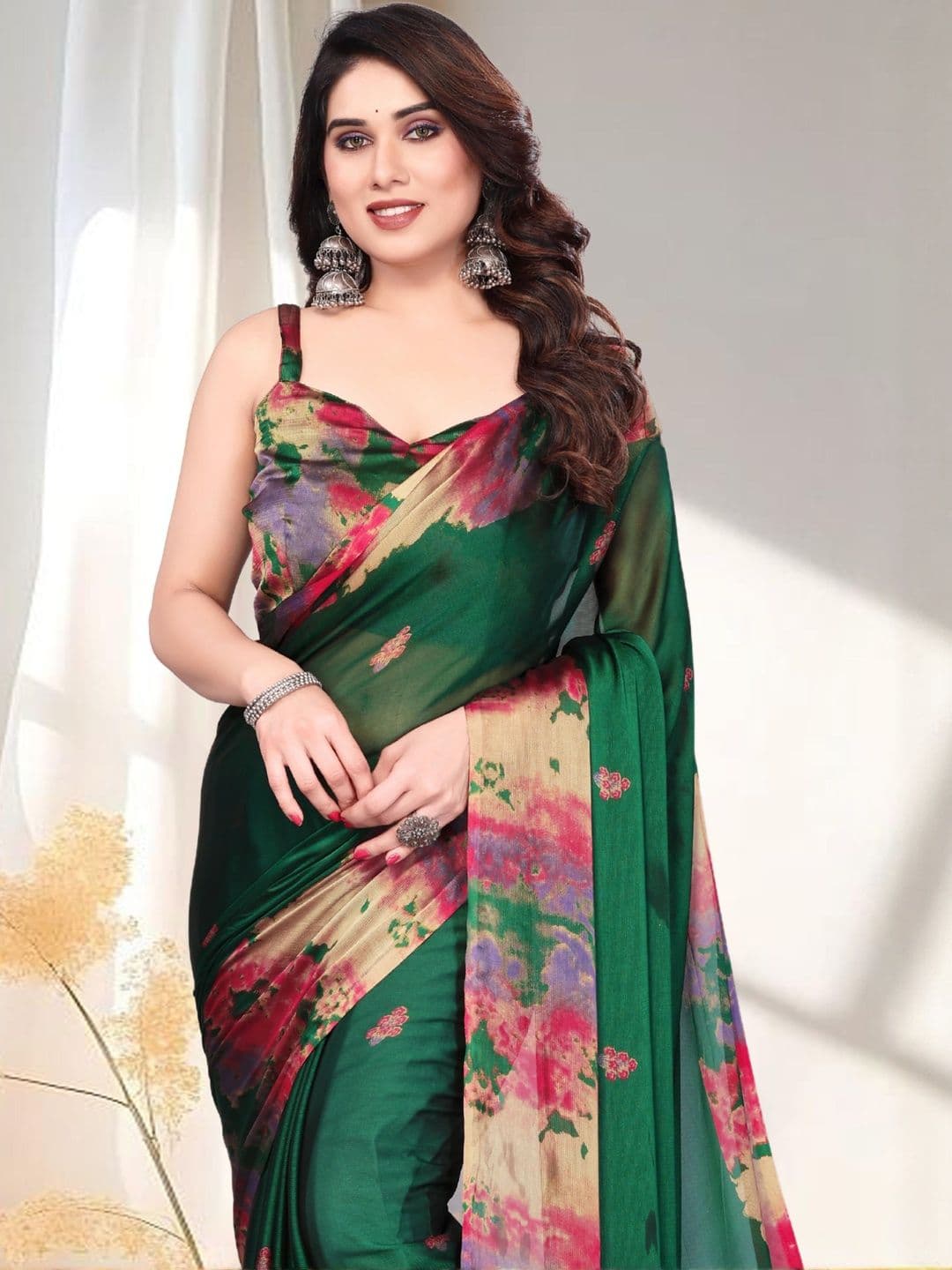 BilloRani loral Printed Pure Chiffon Saree With Blouse Piece - view 1