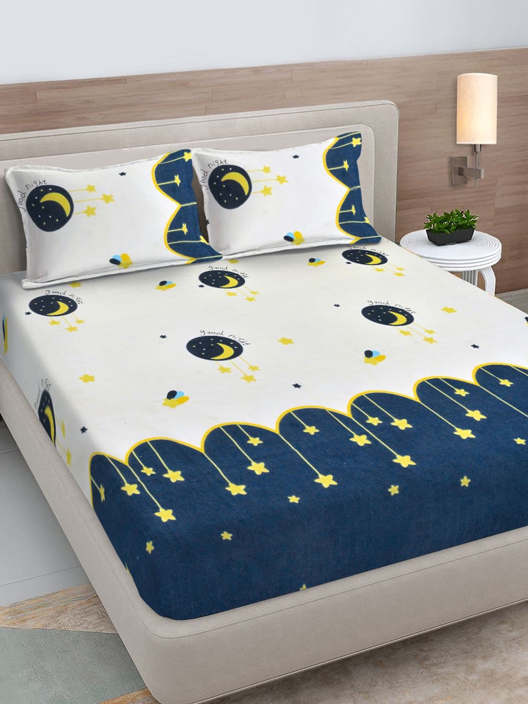 FABINALIV White Cartoon Print Polycotton 300 TC Fitted King Bedsheet with 2 Pillow Covers - view 1