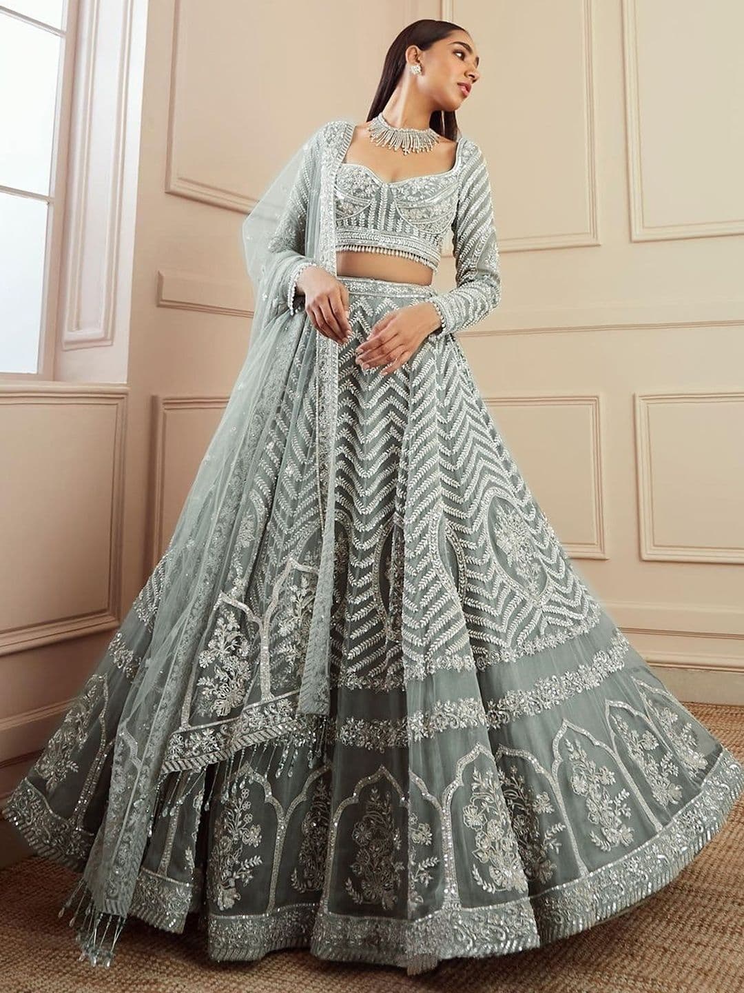 Trendmalls Embroidered Georgette Semi-Stitched Lehenga & Unstitched Blouse With Dupatta - view 1