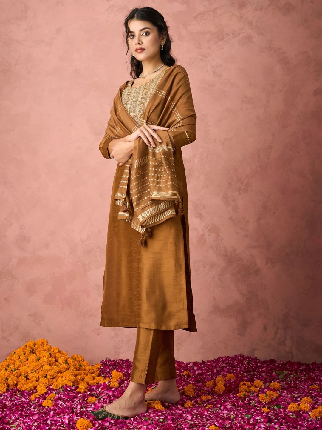 KALINI Ethnic Motifs Embroidered Thread Work Straight Kurta with Trousers & Dupatta - view 1
