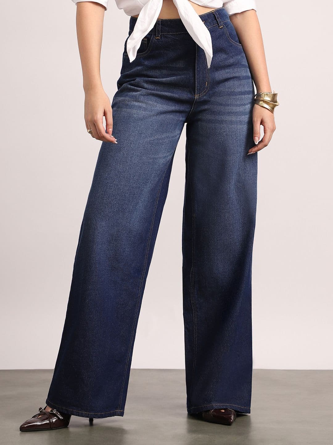 Urbano Fashion Women Dark Blue High Rise Loose Baggy Fit Washed Stretchable Jeans - view 1