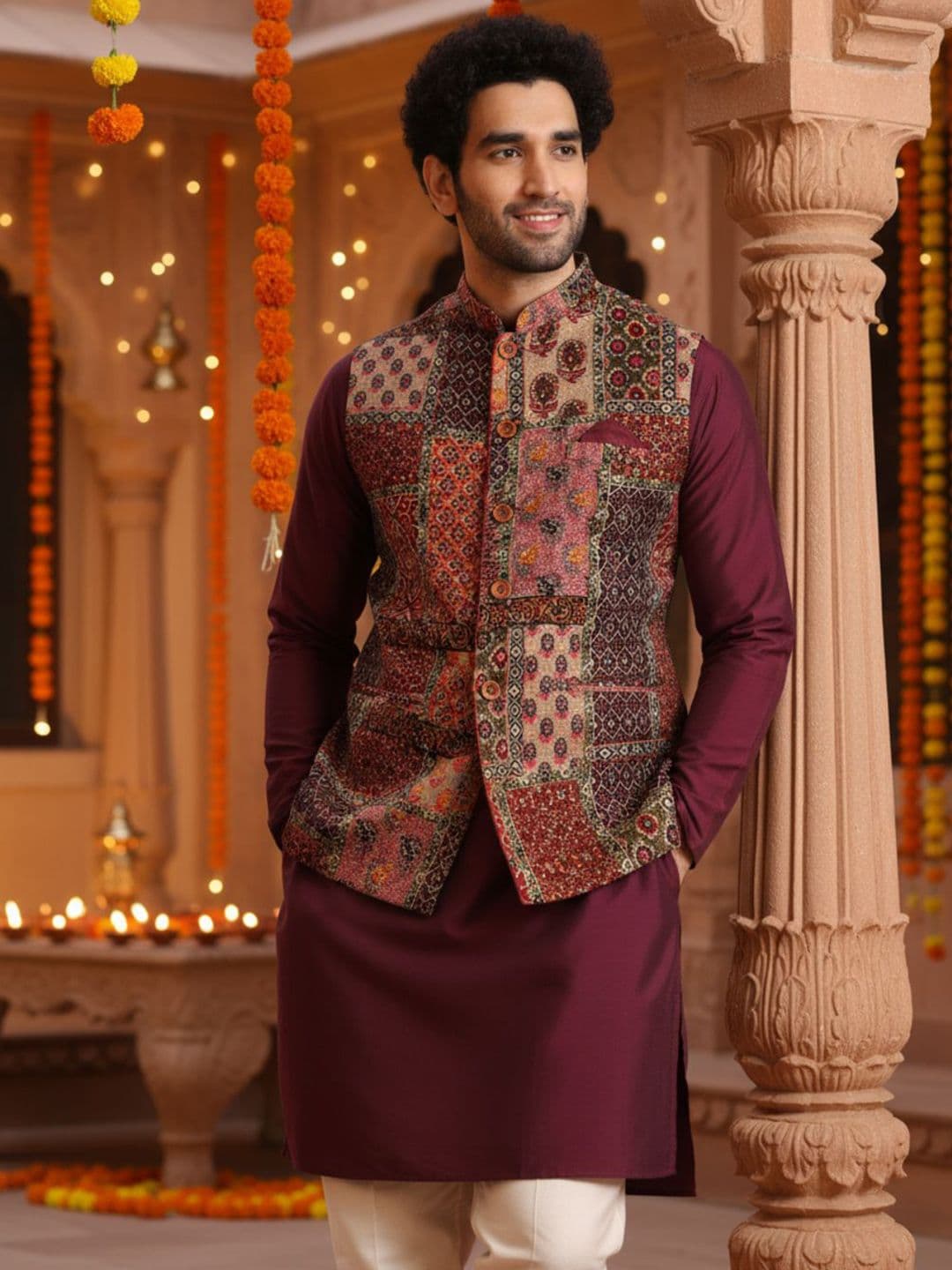KISAH Men Maroon Patchwork Printed Silk Blend Nehru Jacket for Weddings & Festive Wear - view 1