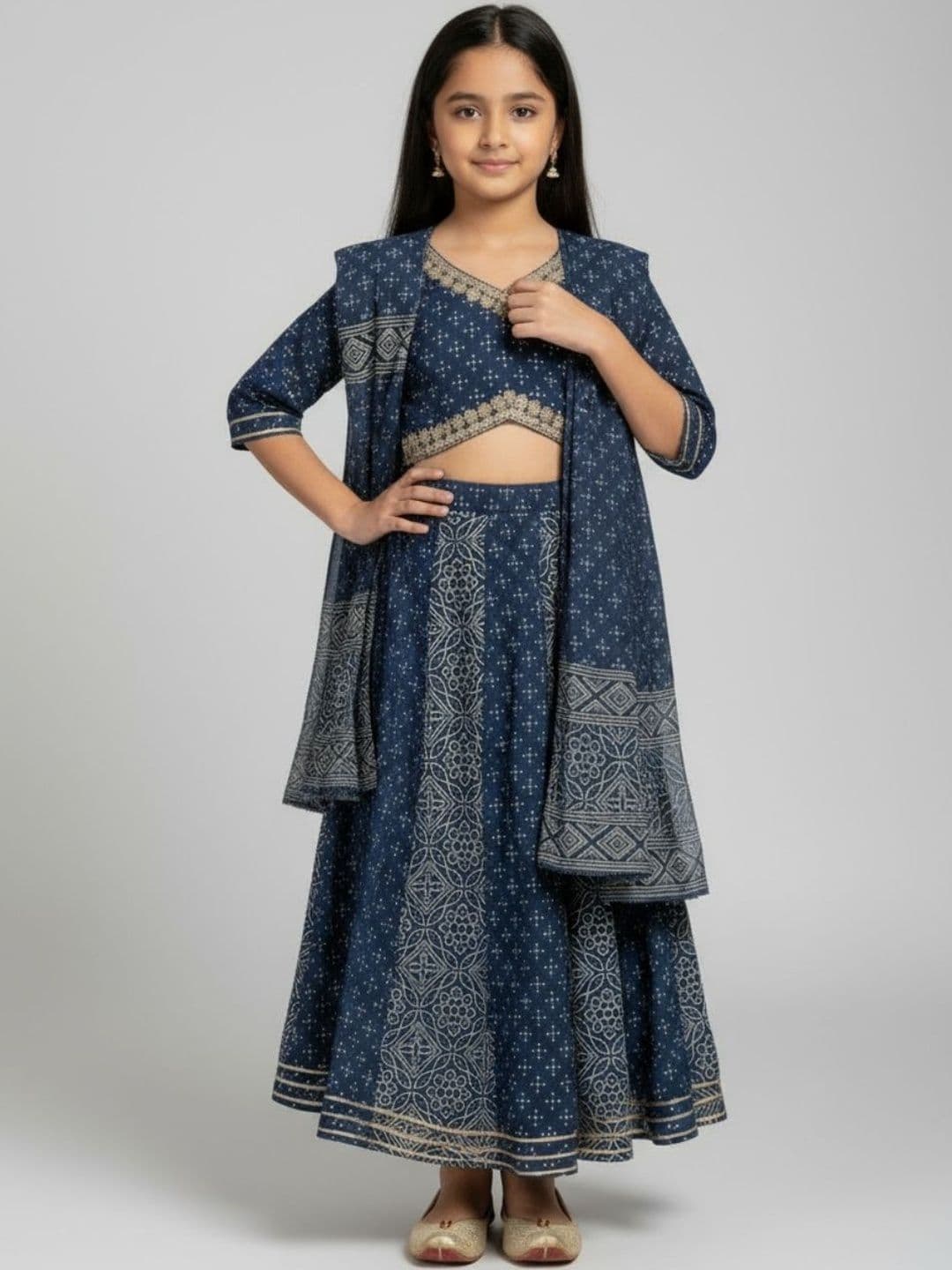 Biglilpeople Girls Printed V-Neck Cotton Lehenga & Blouse With Dupatta - view 1