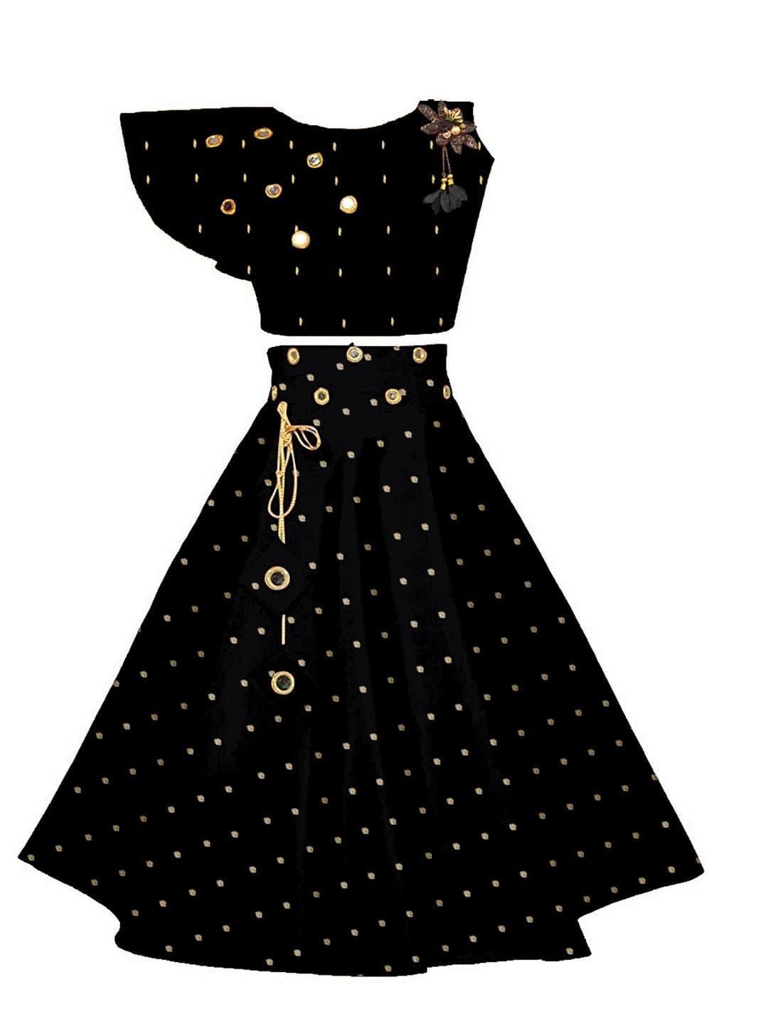 Sangria Girls Polka Dot Printed Mirror Work Round Neck Lehenga With Choli - view 1