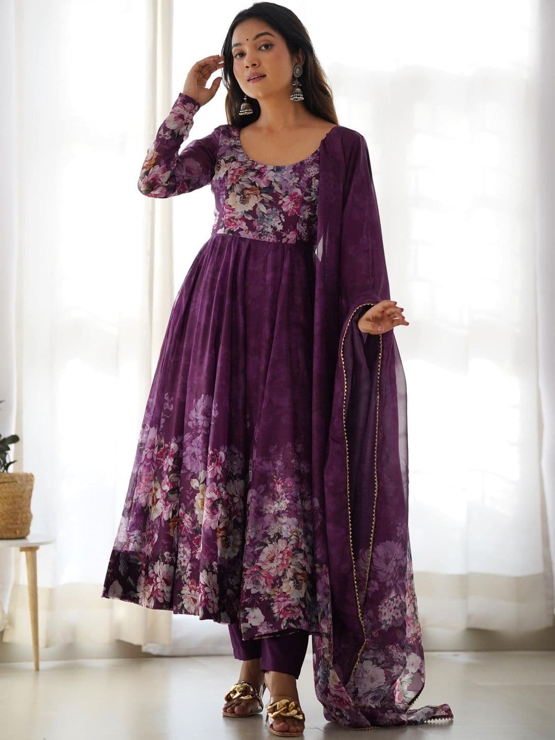THE52 Floral Printed Round Neck Organza Anarkali Kurta With Trousers & Dupatta - view 1