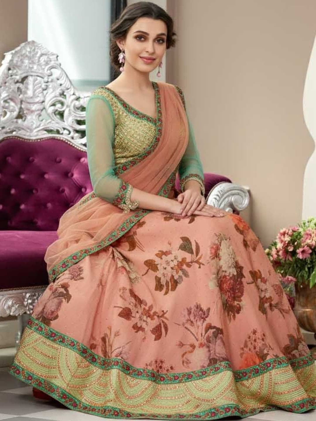 SAPTRANGI Embroidered Thread Work Semi-Stitched Lehenga & Unstitched Blouse With Dupatta - view 1