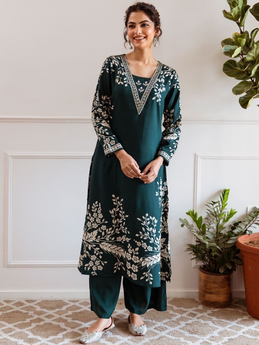 Sangria Embroidered & Printed V-Neck Kurta & Palazzos - view 1
