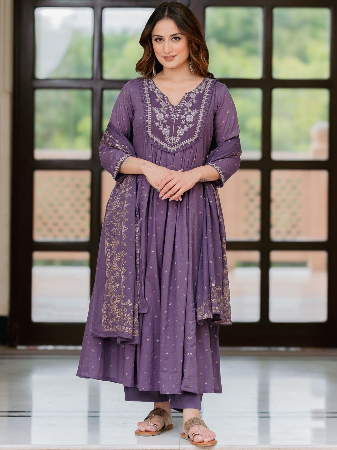 Arayna Floral Printed Notch Neck Pure Cotton Anarkali Kurta With Trousers & Dupatta - view 1