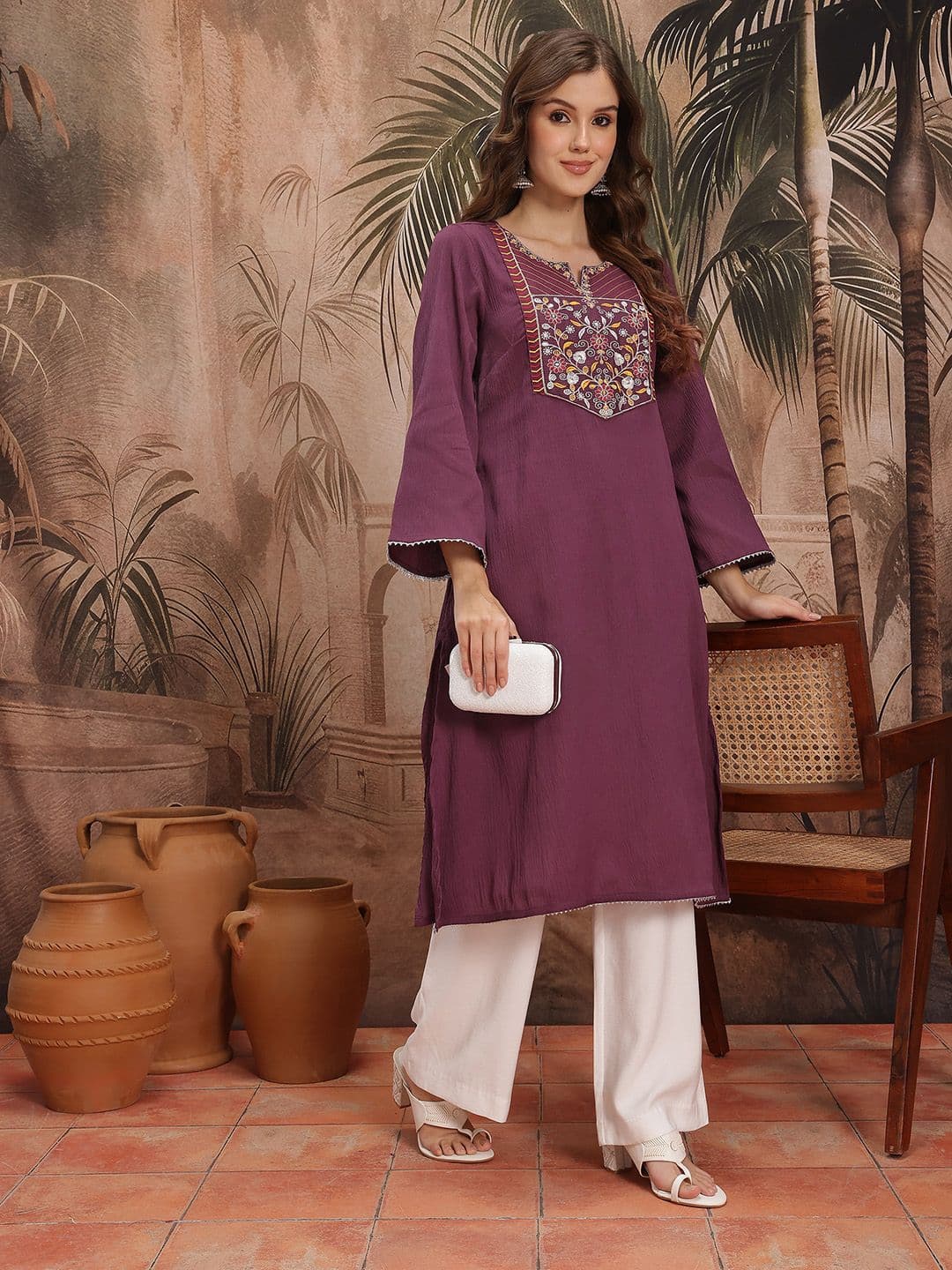 Sangria Floral Yoke Design Flared Sleeves Thread Work Kurta - view 1