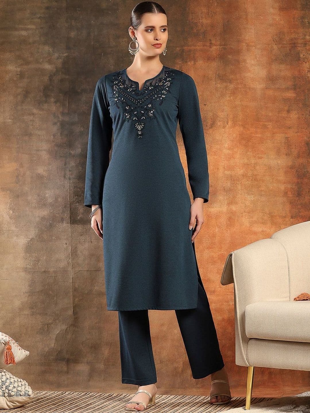 Nayam By Lakshita Women Floral Yoke Design Notch Neck Thread Work Kurta With Trousers - view 1