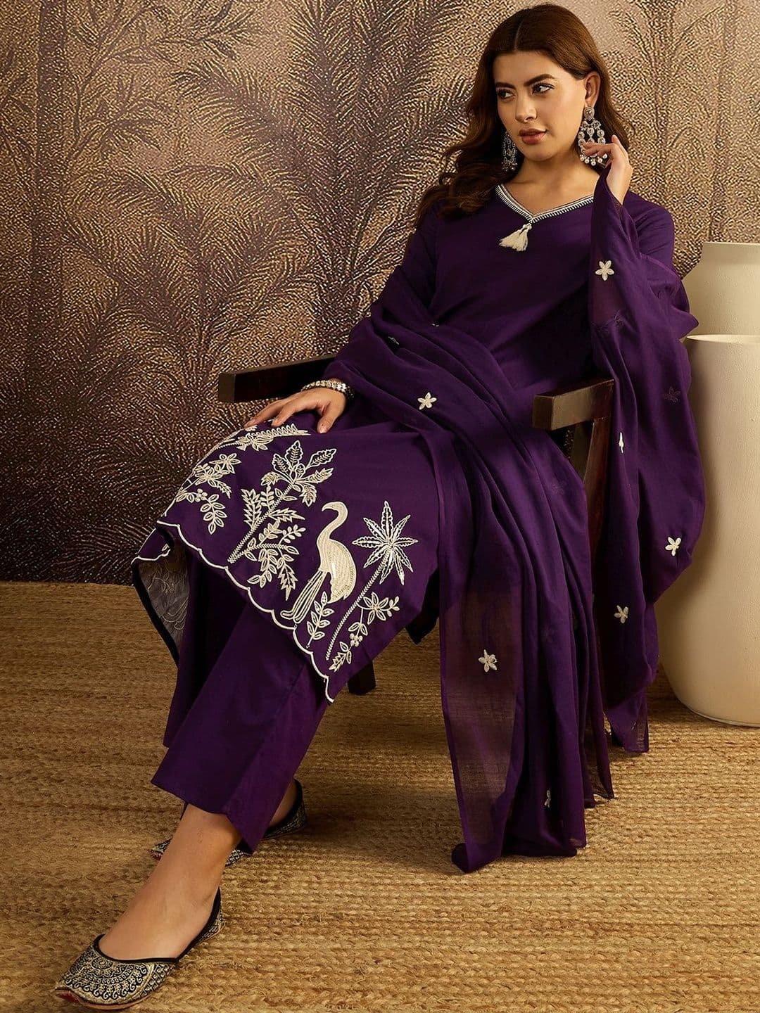 Sangria Thread Work Embroidered Kurta with Trousers & Dupatta - view 1