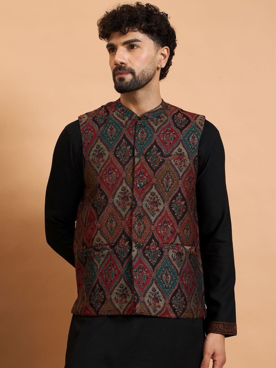House of Pataudi Winter Pashmina Men Woven Design Winter Nehru Jacket - view 1