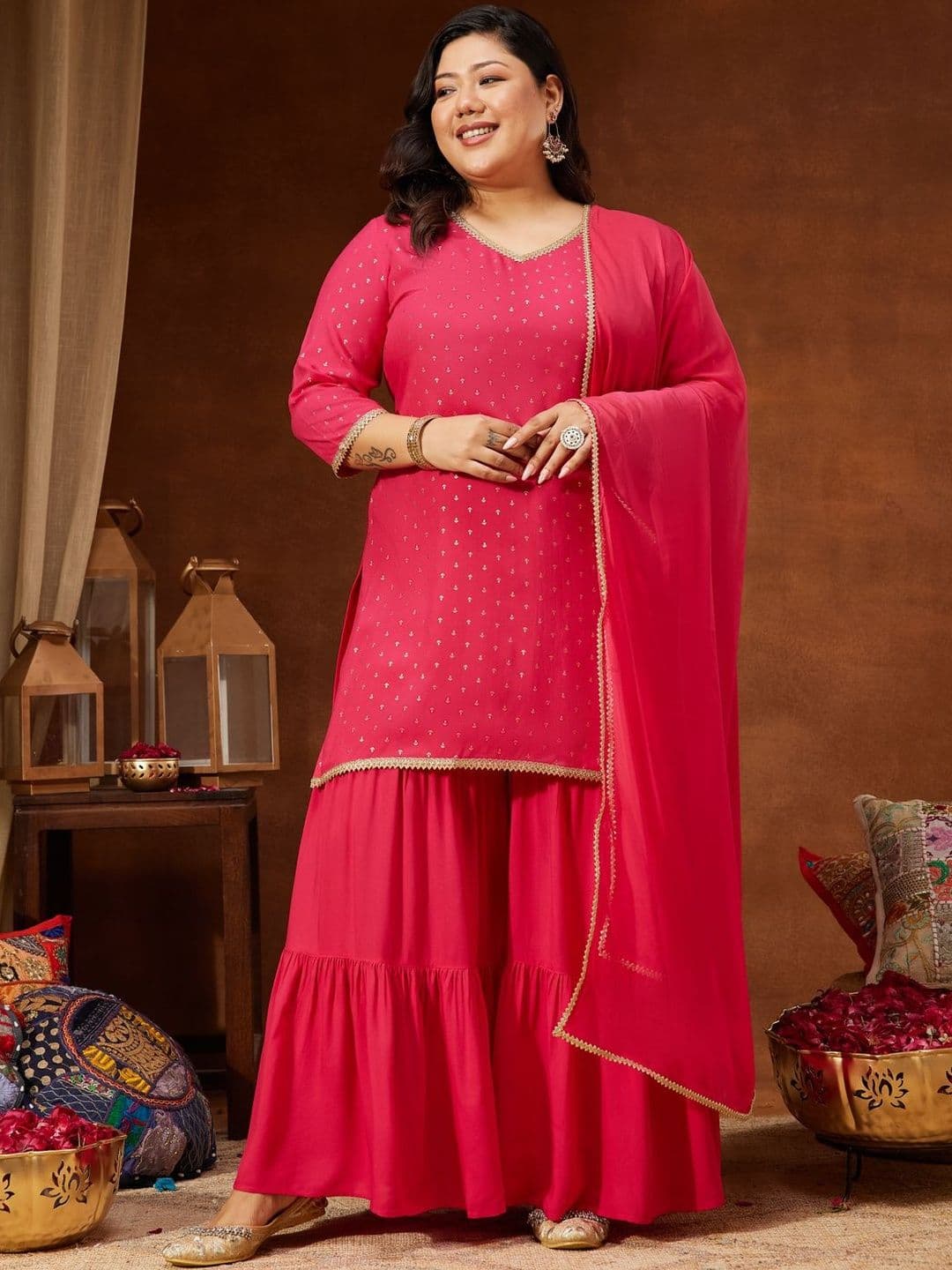 Janasya Gotta Patti Embroidered Ethnic Motifs Straight Kurta Sharara Set With Dupatta - view 1