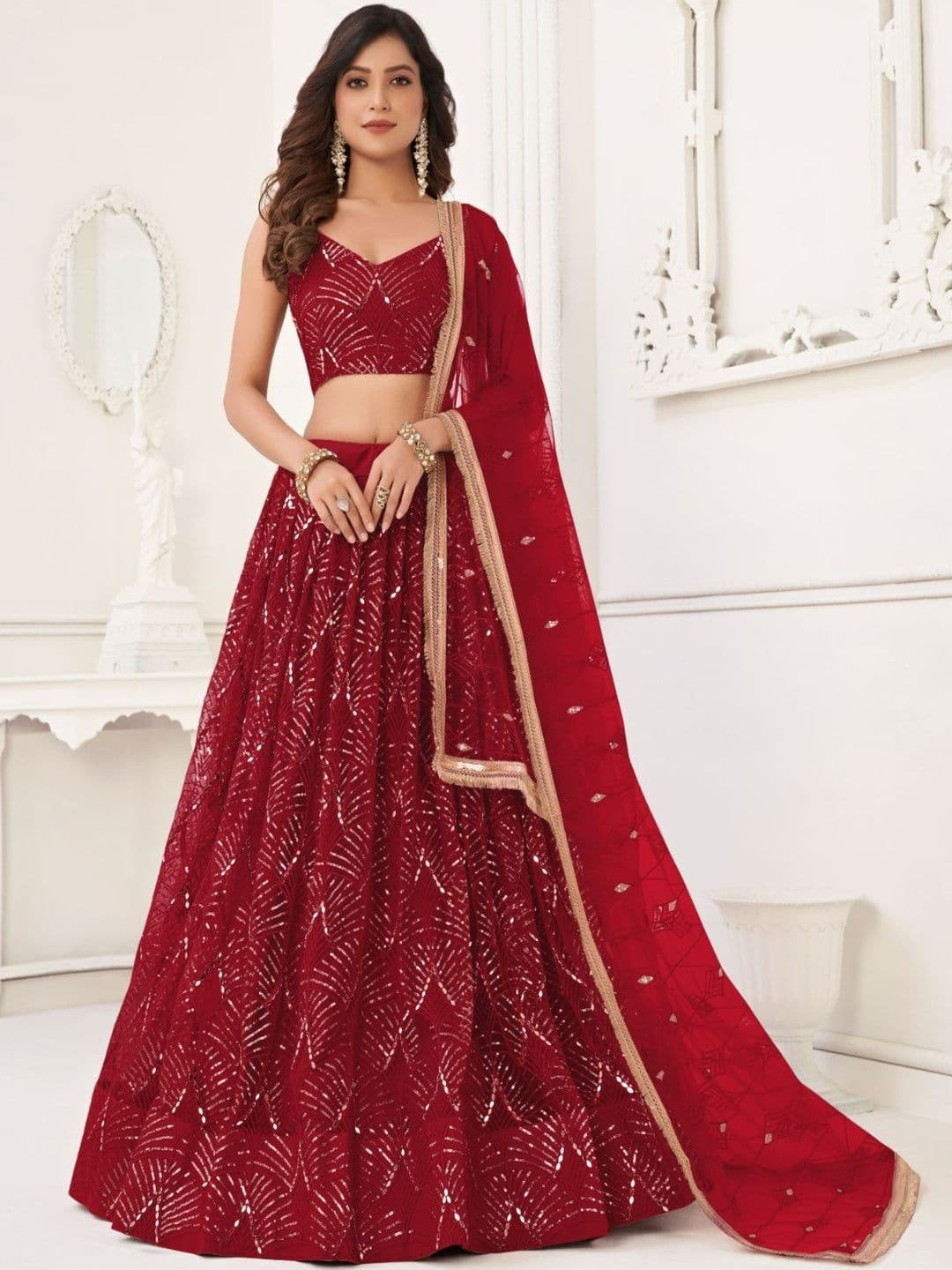 Ethniqlo Maroon Embroidered Lehenga Choli & Dupatta - view 1