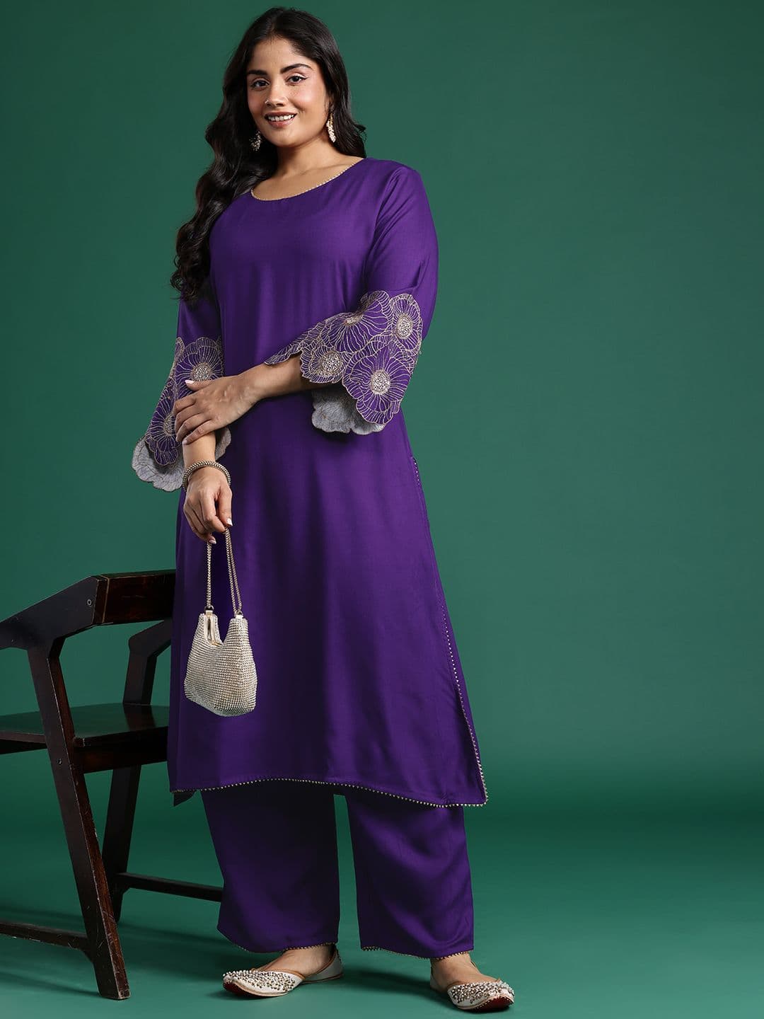 Indo Era Plus Size Thread Work Kurta with Palazzos - view 1