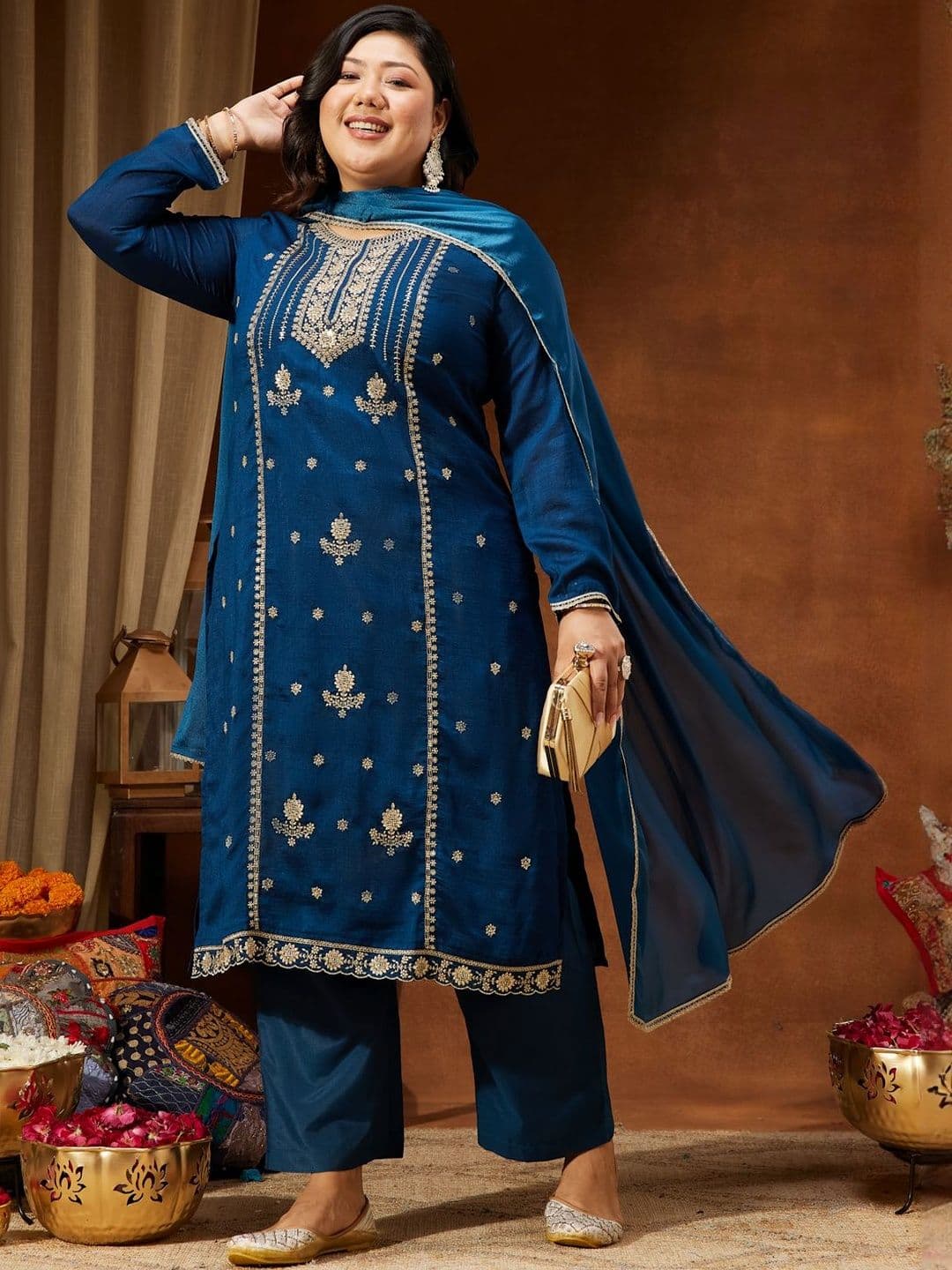 Janasya Plus Size Women Floral Embroidered Thread Work Kurta With Trousers & Dupatta - view 1