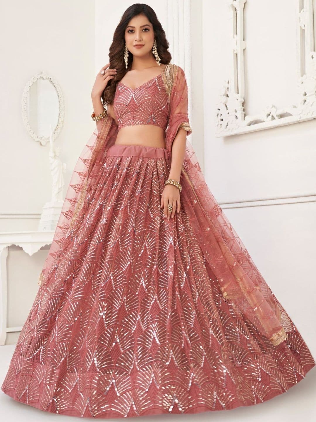 EthniQlo Dusty Pink Net Lehenga Choli In Sequins Embroidery - view 1