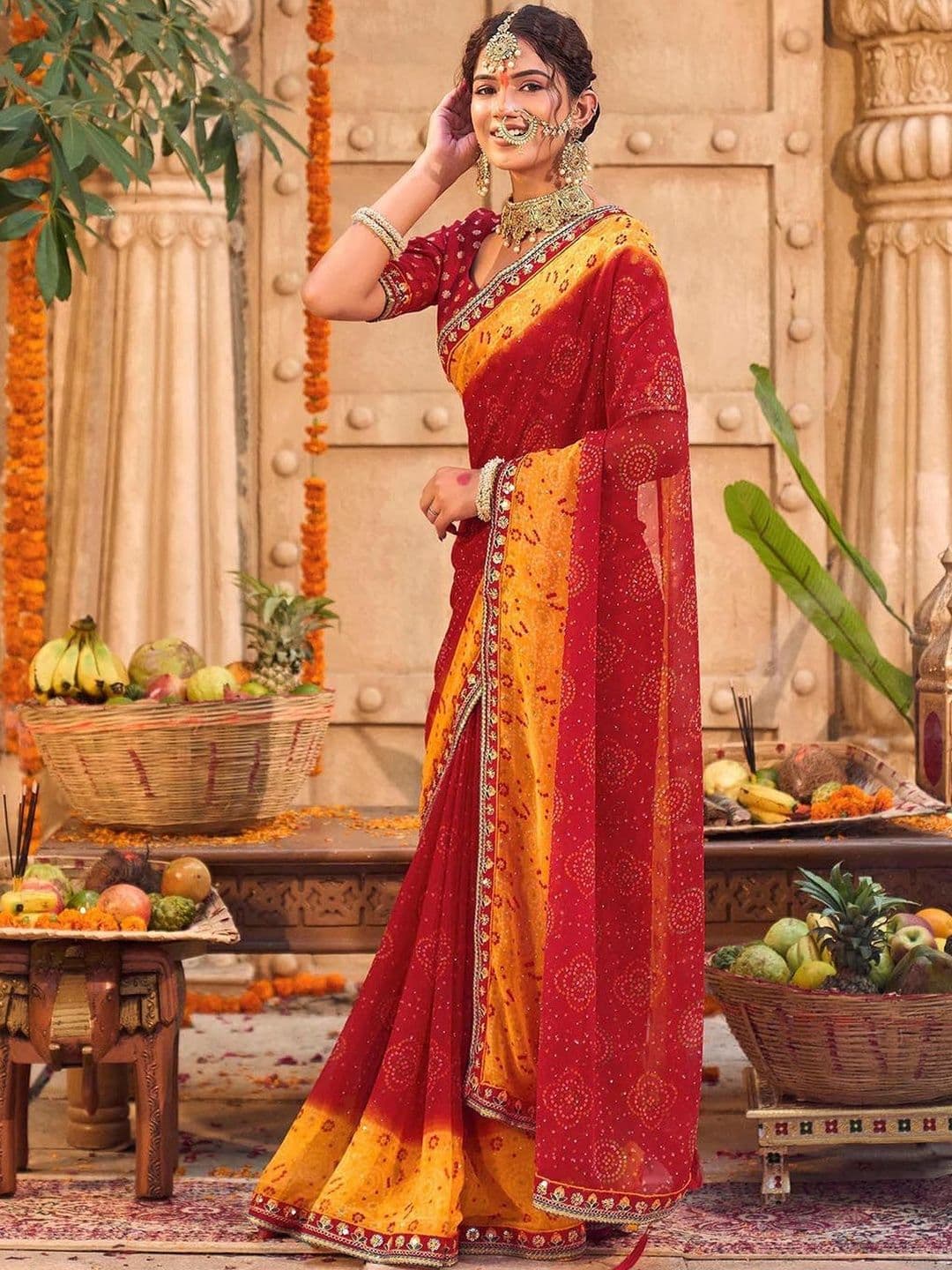 KALINI Bandhani Printed Sequinned Embroidered Saree With Unstitched Blouse - view 1