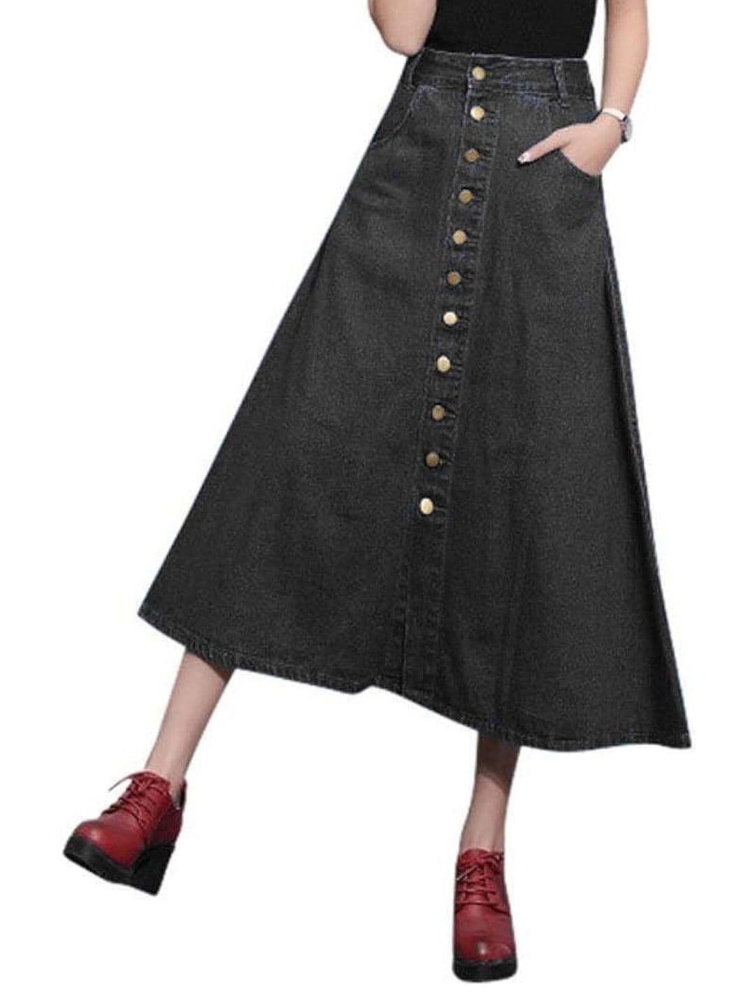Tripursundari Fashion Washed Denim Buttoned A-Line Midi Skirt - view 1