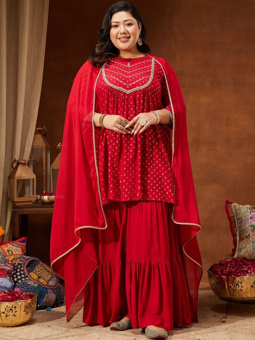 Janasya Plus Size Gotta Patti Embroidered Ethnic Motifs Kurta Sharara Set With Dupatta - view 1