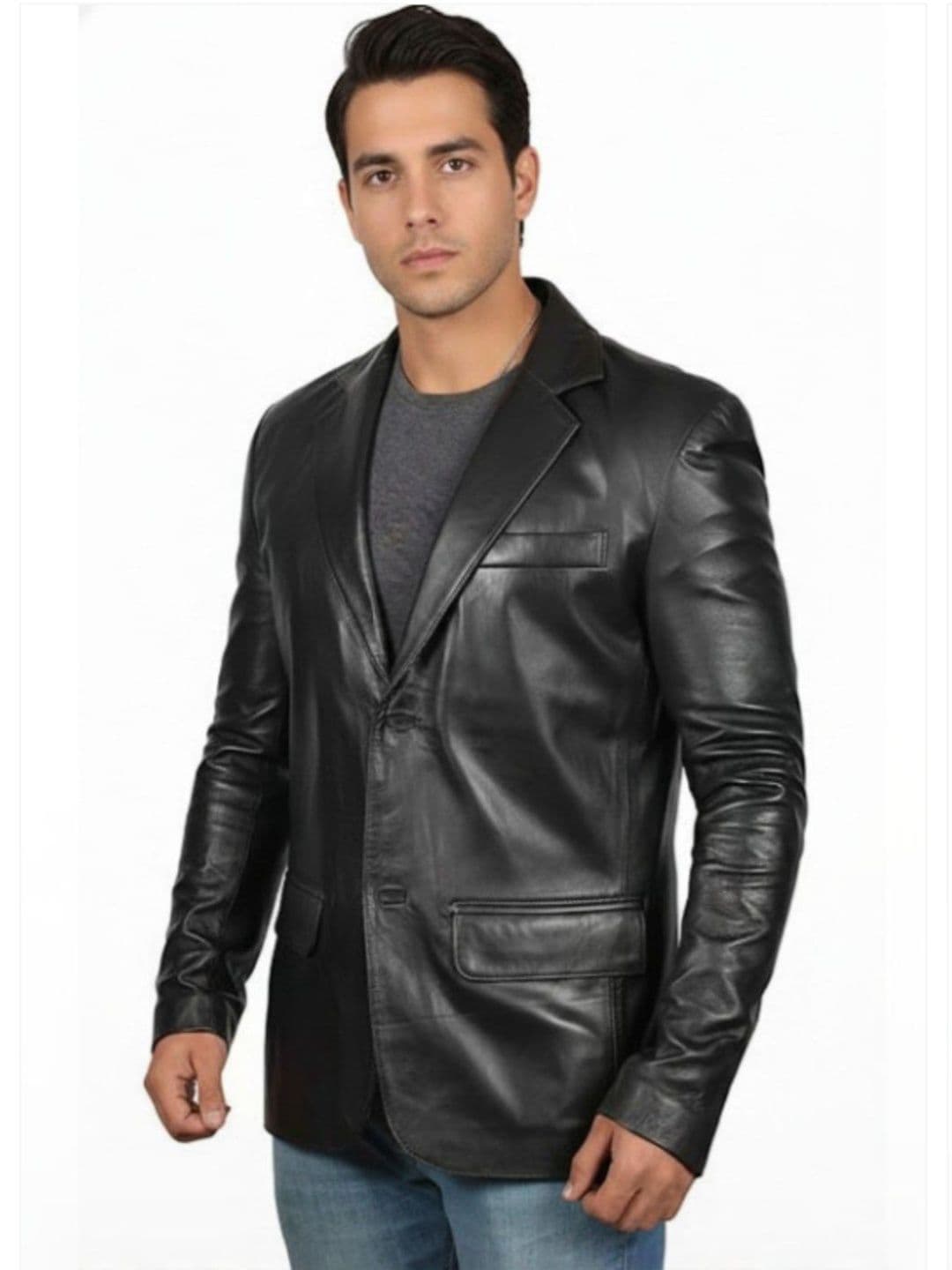 kjhui Men Lapel Collar Solid Lightweight Leather Jacket - view 1