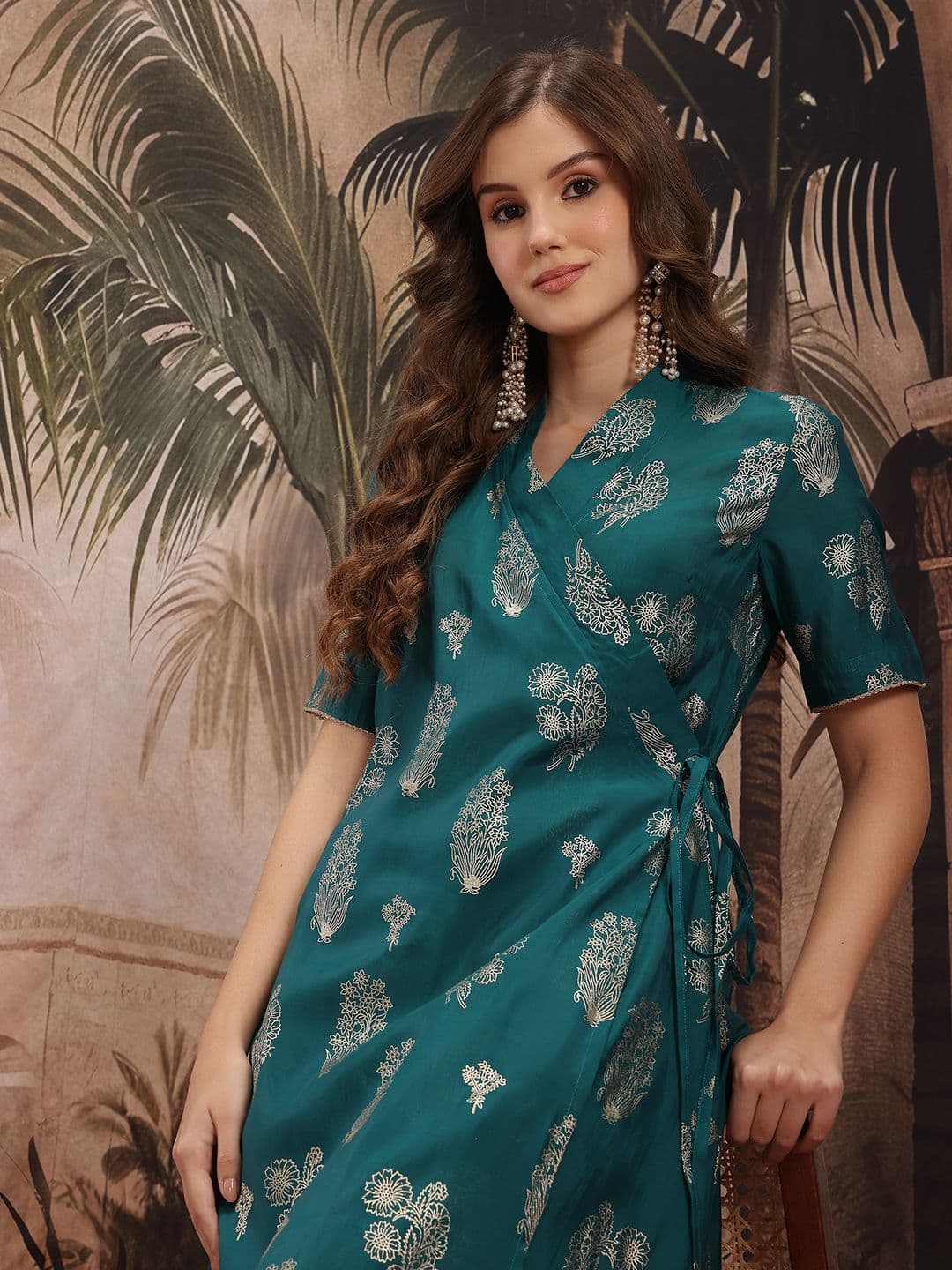 Sangria Floral Foil Printed Angrakha Kurta with Dhoti Pants - view 1