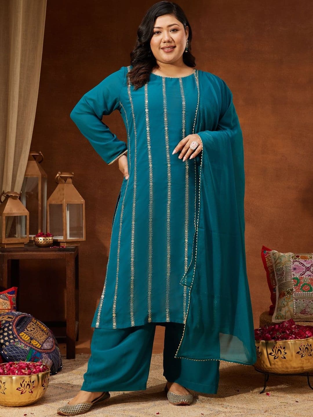 Janasya Sequinned Embroidered Floral Straight Kurta Palazzo Set With Dupatta - view 1
