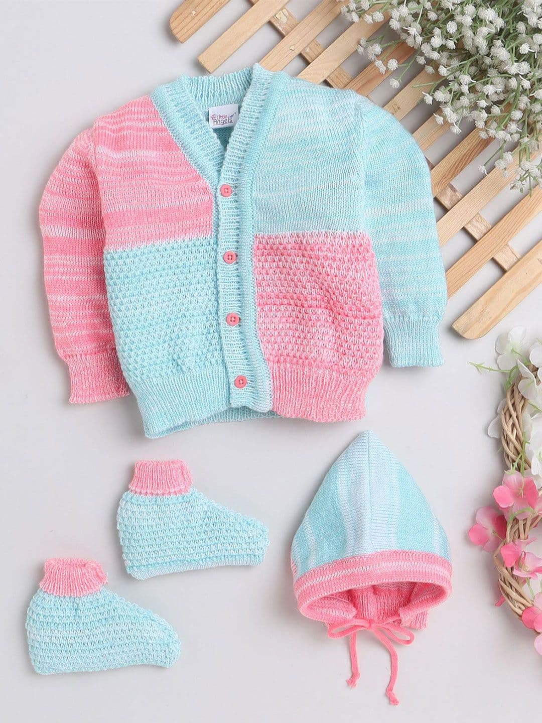 Little Angels Unisex Baby Colourblocked Woollen Cardigan Sweaters With Cap and Socks Set - view 1