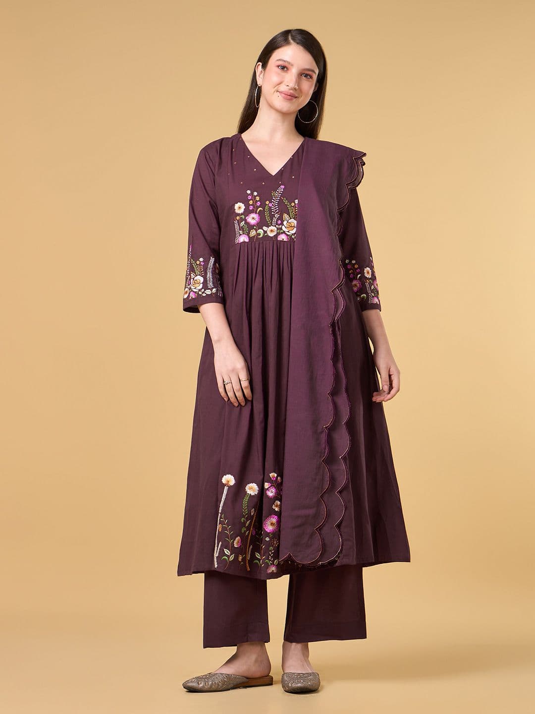 COTTONS DAILY Women Wine Embroidered V Neck Pure Cotton Suit - view 1