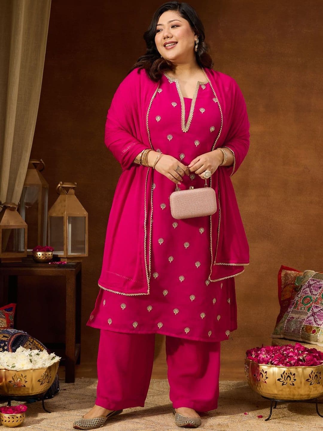Janasya Sequinned Embroidered Floral Georgette Kurta Palazzo Set With Dupatta - view 1