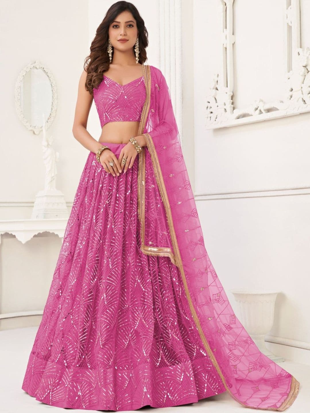 EthniQlo Salmon Pink Sequin Embellished Lehenga Choli In Net - view 1