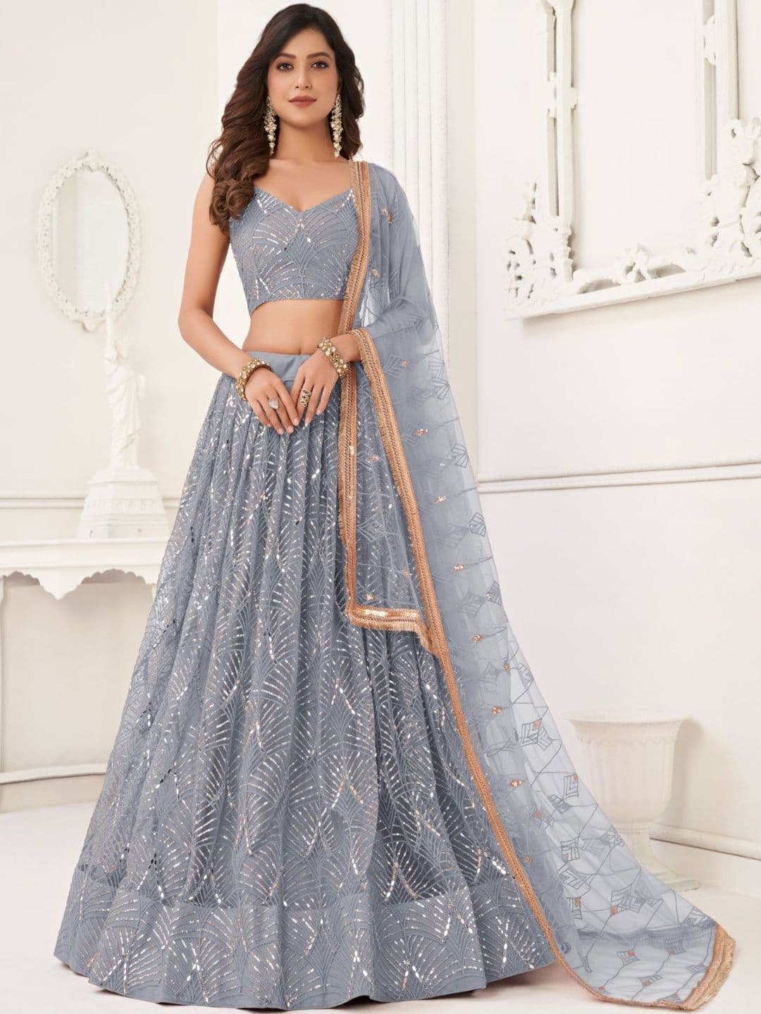 EthniQlo Grey Embroidered Lehenga Choli - view 1