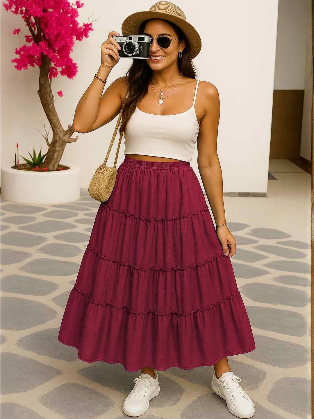 YANAMORA Women Solid Flared Layered Tiered Maxi Skirt - view 1