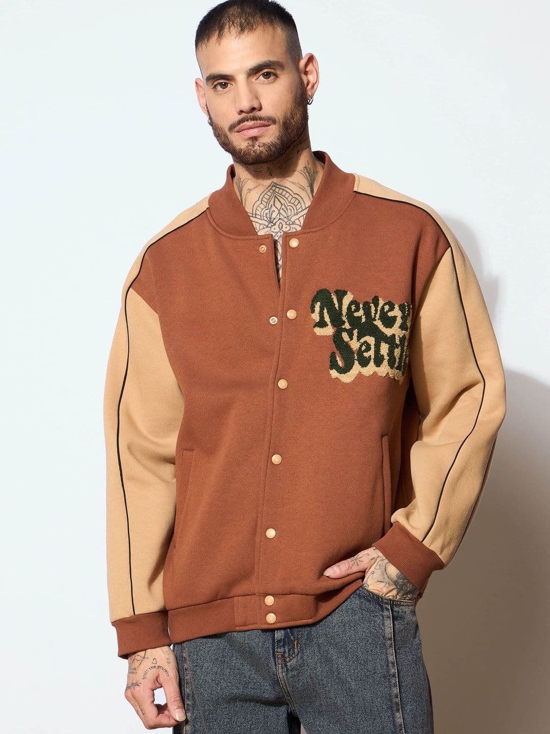 MASCLN SASSAFRAS Men Typography Fleece Varsity Jacket with Embroidered - view 1