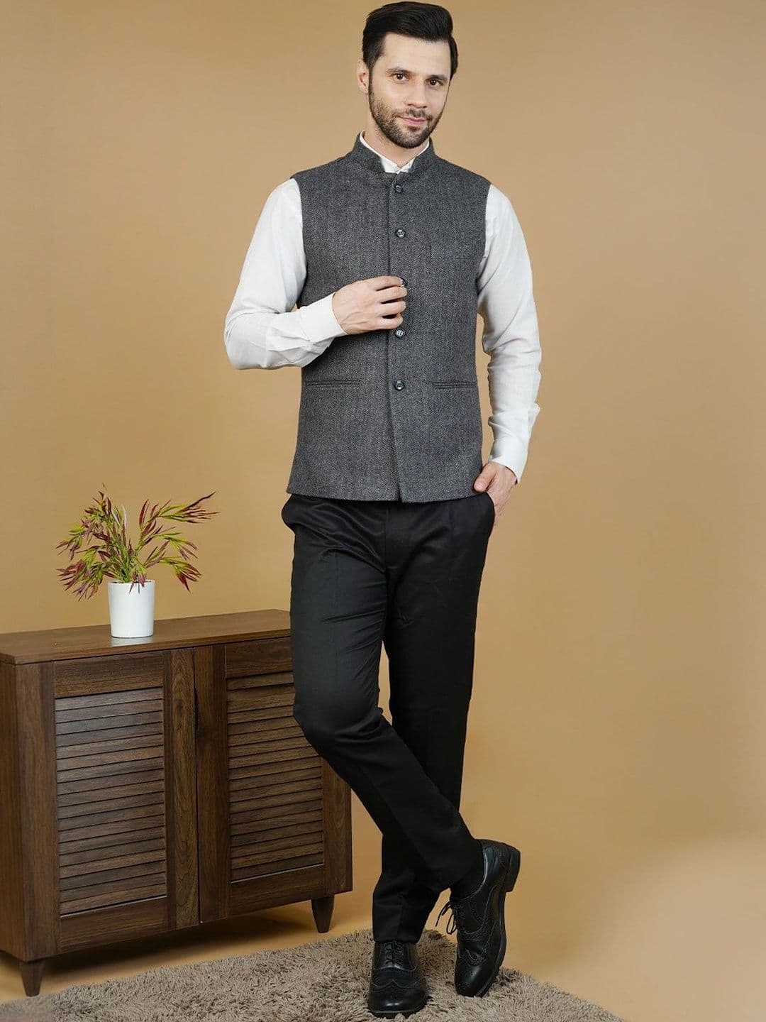 Wintage Men Sleeveless Tweed Wool Nehru Jackets - view 1