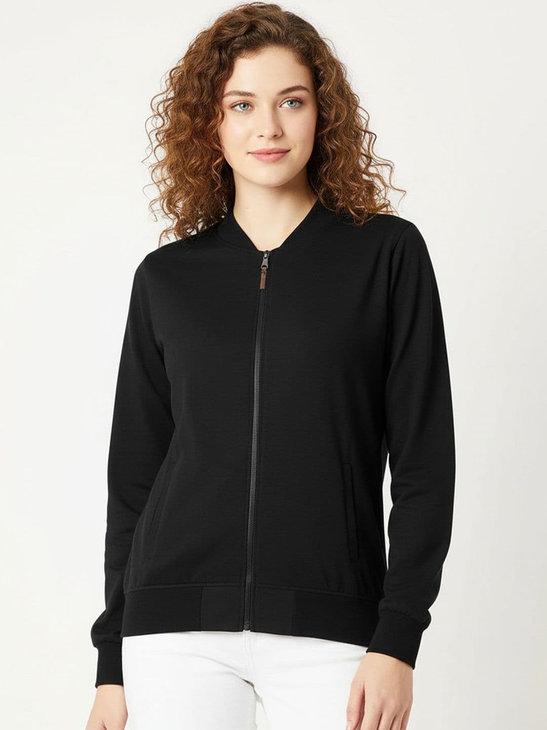 Leotude Women Stand Collar Solid Fleece Casual Bomber Jacket - view 1