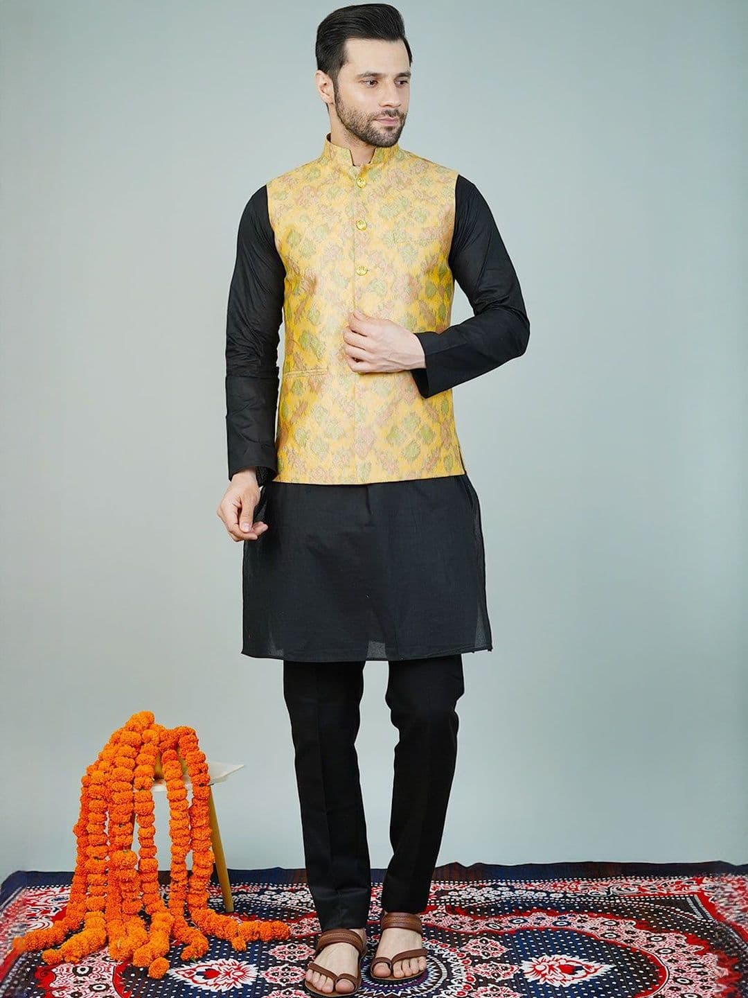Wintage Woven-Design Sleeveless Nehru Jackets - view 1