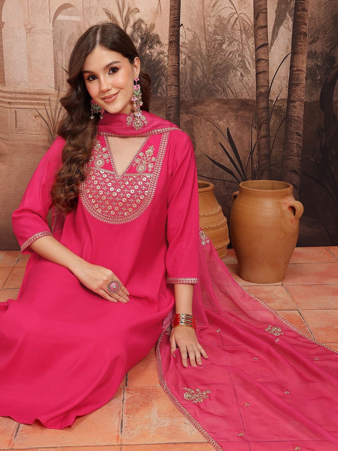 Sangria Ethnic Motifs Embroidered Sequinned V-Neck A-Line Kurta with Trousers & Dupatta - view 1