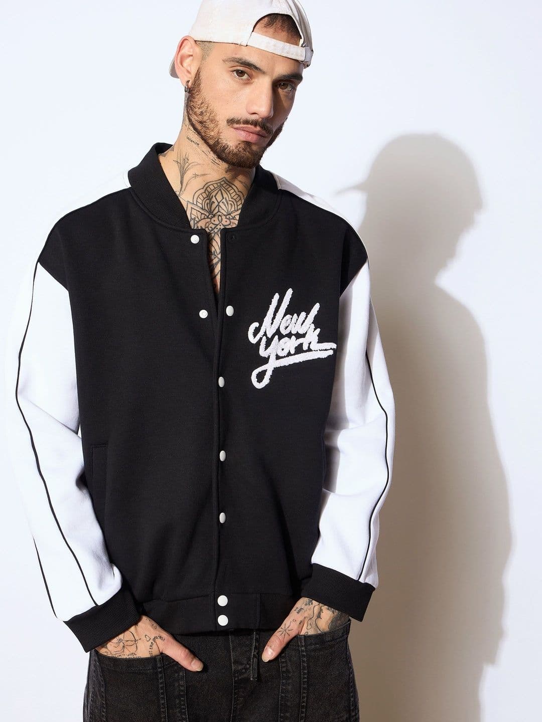 MASCLN SASSAFRAS Men Typography Fleece Varsity Jacket with Embroidered - view 1