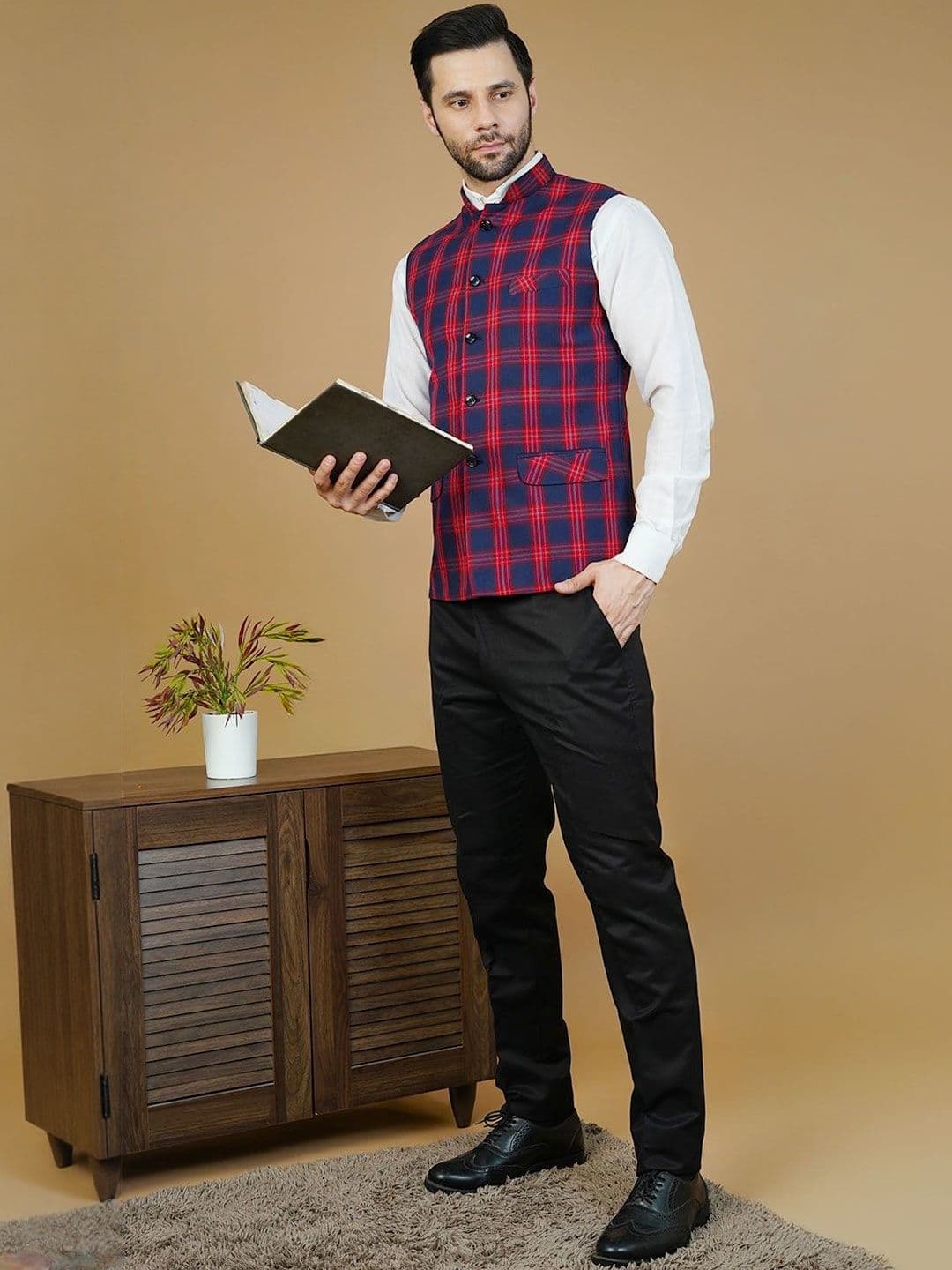 Wintage Checked Sleeveless Nehru Jackets - view 1