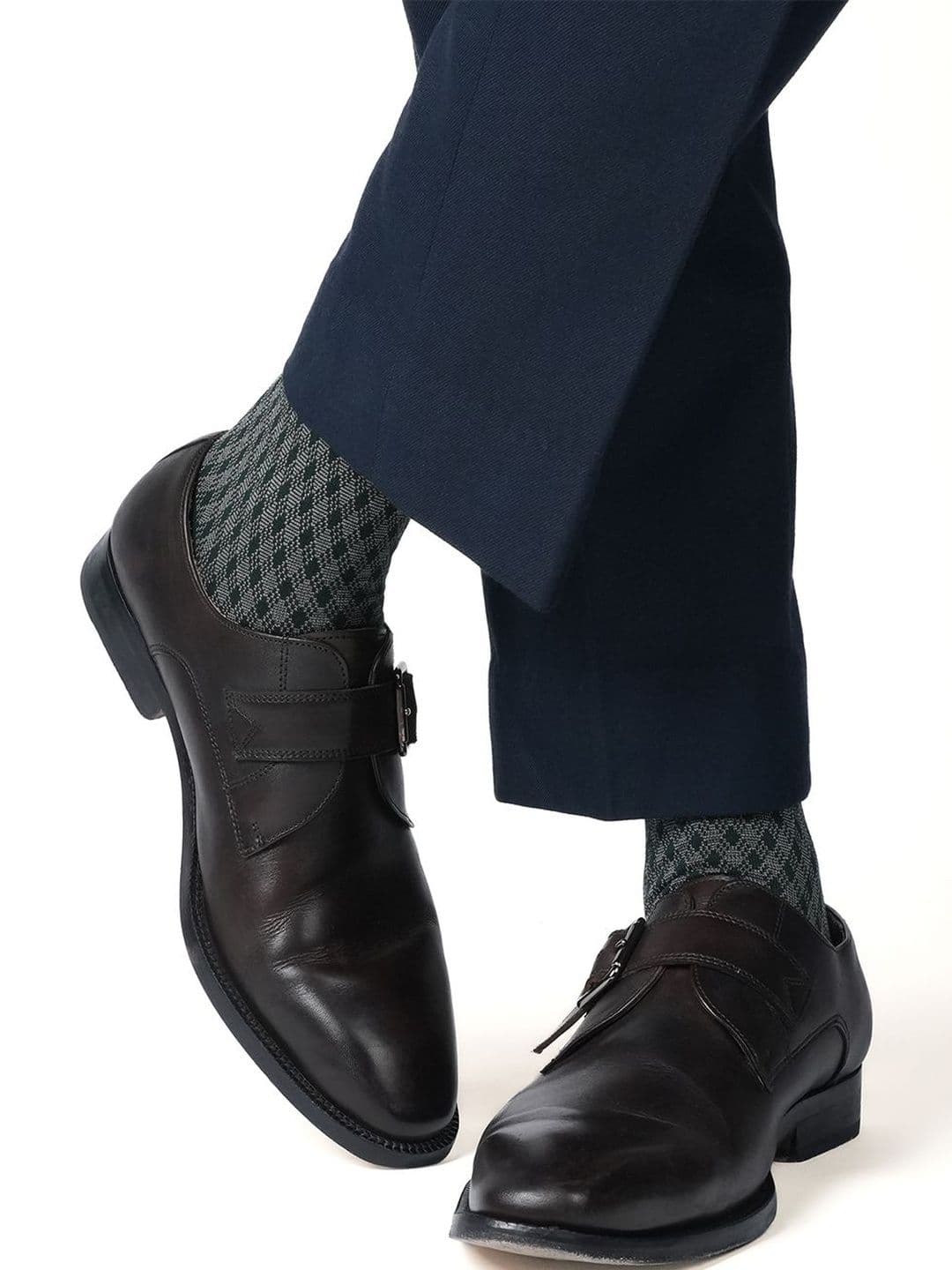 Theater Men Green Gingham Mercerized Cotton Calf Length Formal Socks - view 1