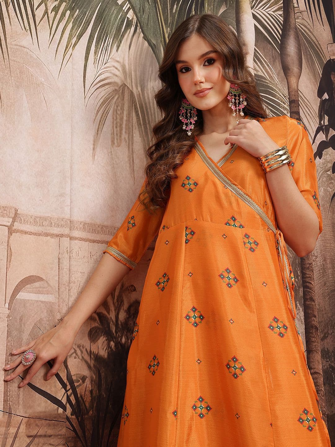 Sangria Floral Geometric Print Wrap Shape Ethnic Dress - view 1