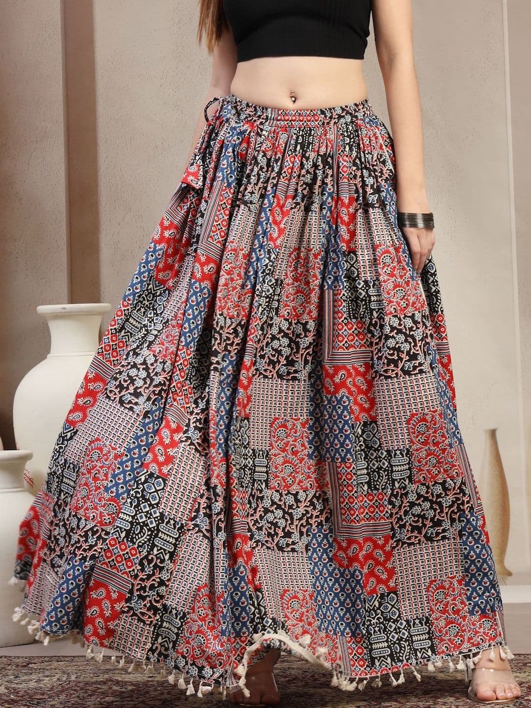 SUNEKH Women Floral Printed Pure Cotton Flared Maxi Skirts - view 1