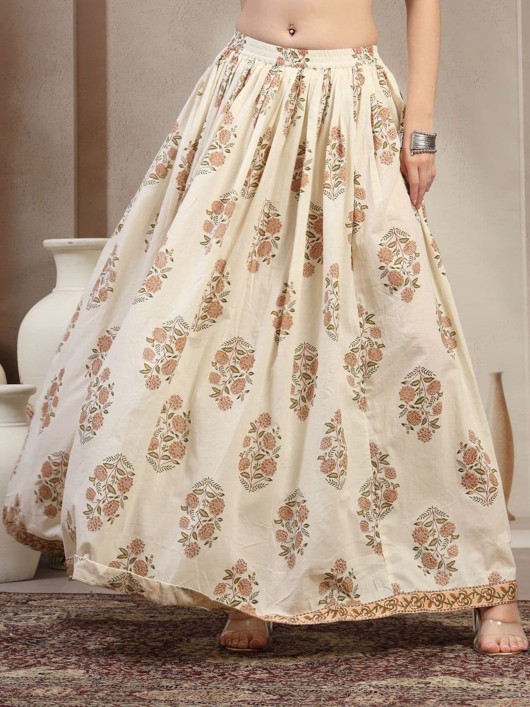SUNEKH Floral Printed Cotton Flared Maxi Skirts - view 1