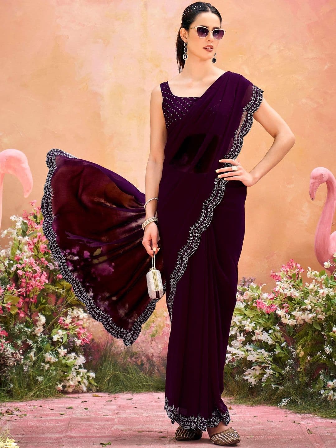 HERE&NOW Embellished Sequinned Poly Georgette Designer Fashion Saree - view 1