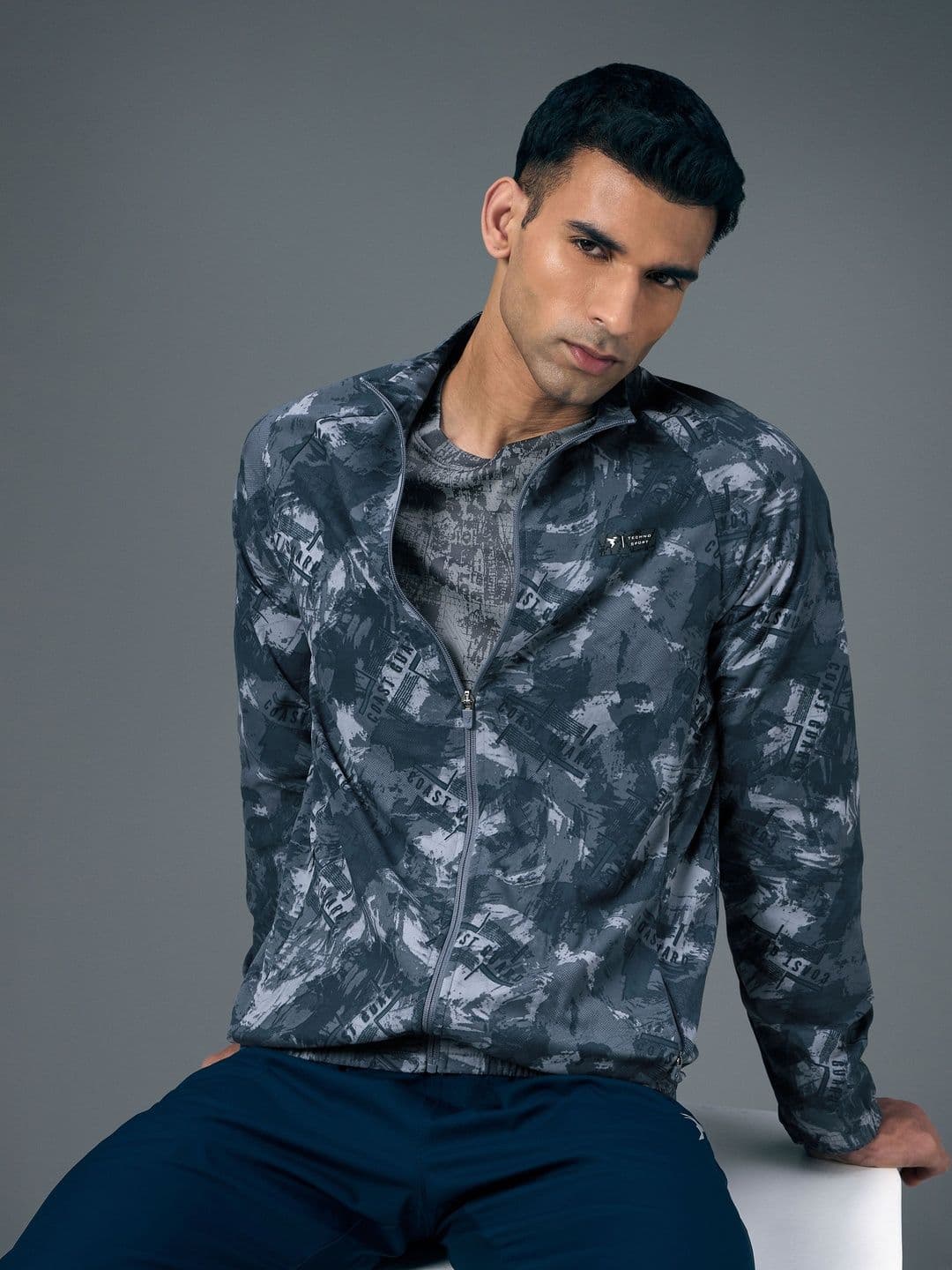 Technosport Men Mock Collar Abstract Printed Lightweight Sporty Jacket