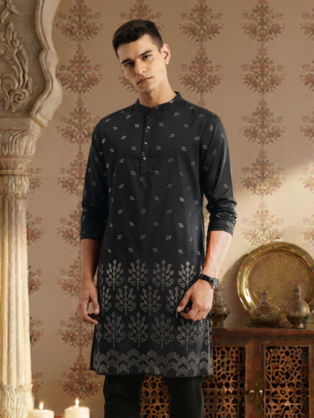 House of Pataudi Geometric Embellished Mandarin Collar Straight Jashn Kurta - view 1