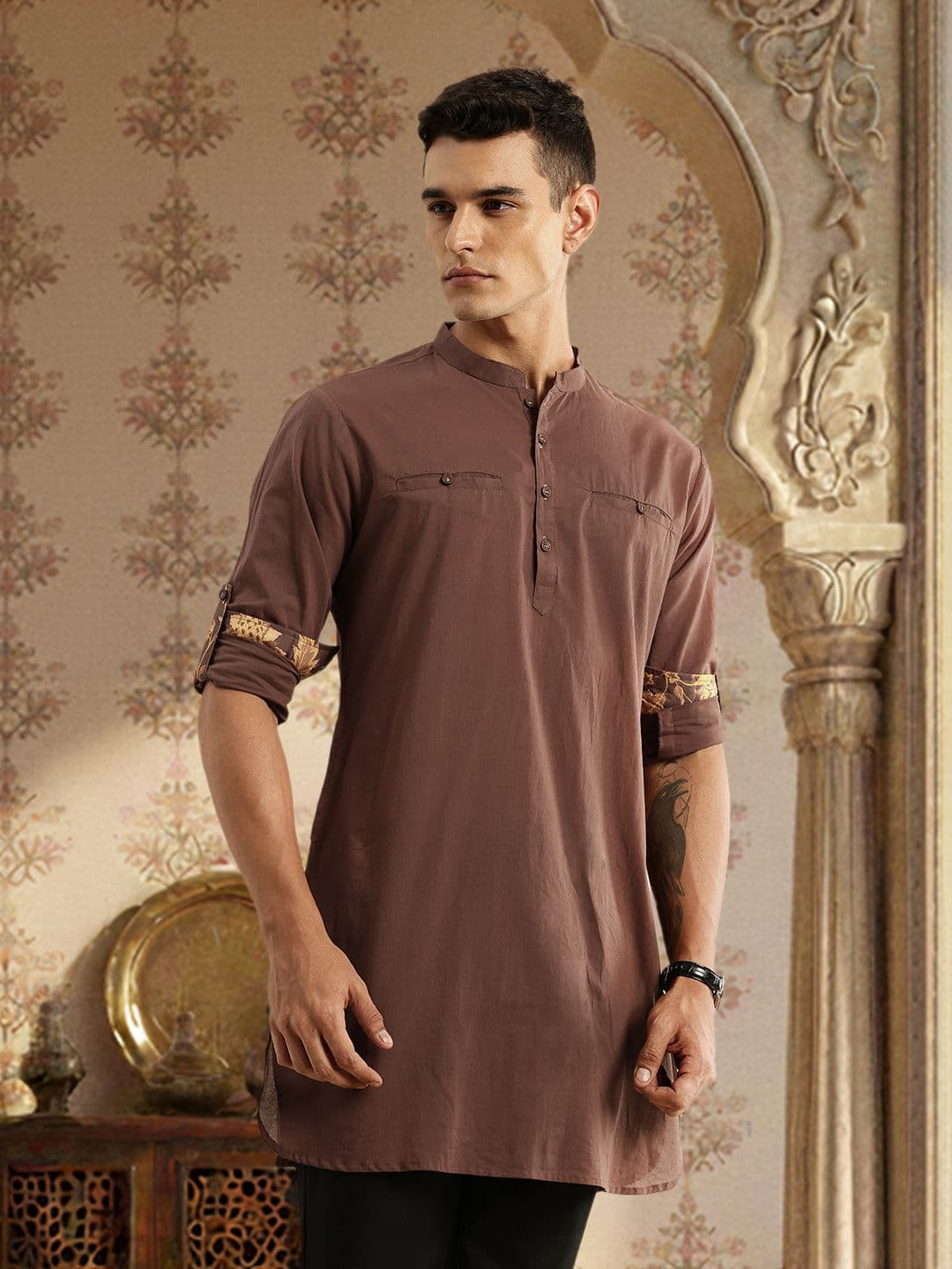 House of Pataudi Pure Cotton Roll-Up Sleeves Mandarin Collar Straight Rozana Kurta - view 1